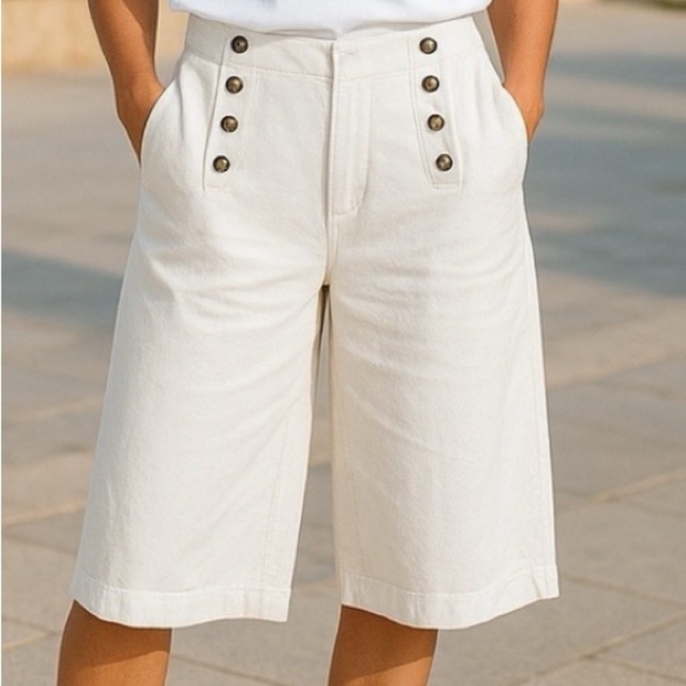 J Jill I Love Linen White Wide-Leg Sailor Button Capri Pants Size Large Like New